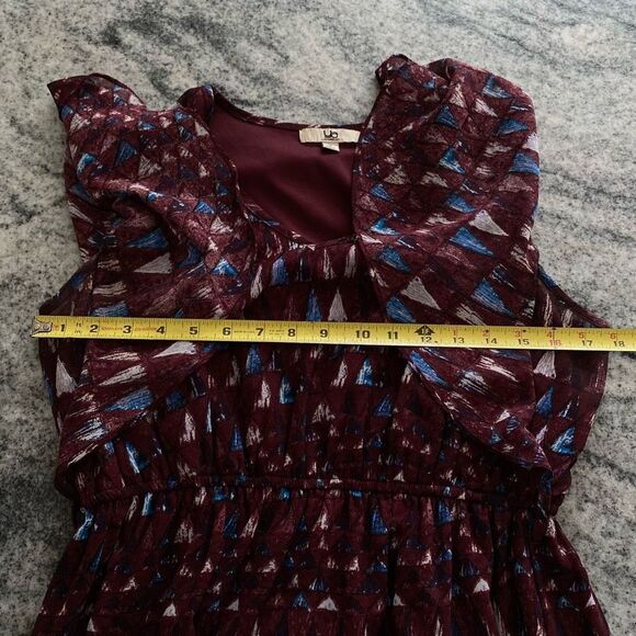 Ya Los Angeles Small Dress Graphic Purple V Neck Ruffle Short Sleeve Fit Flare - Picture 6 of 10